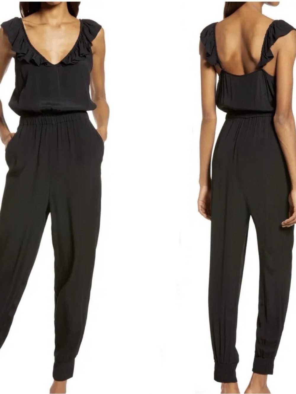 69. Chelsea28 • NWT $130USD Black Ruffle-Shoulder Jumpsuit PTP 15”-21”
